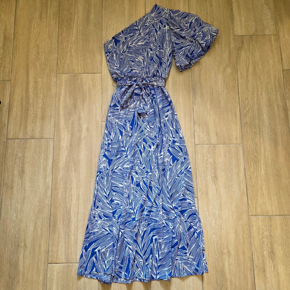 The Impeccable Pig Blue White Tropical Palm Leaf One Shoulder Maxi Dress Small